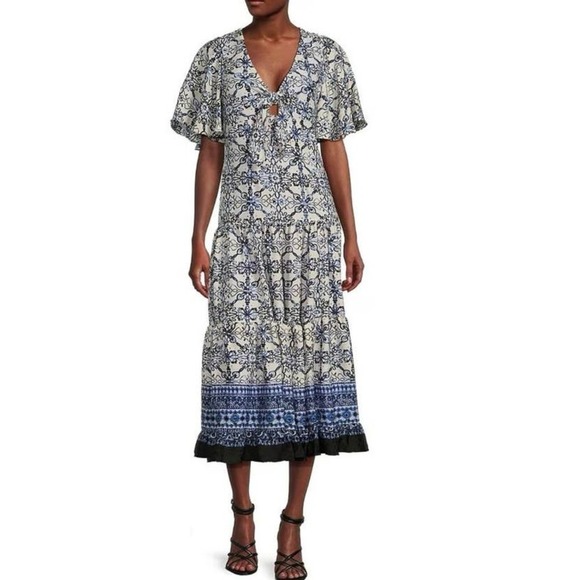 TAYLOR Blue Pattern Printed V-Neckline Short Sleeve Bodice Cut-Out Midi Dress 8 - Picture 1 of 7